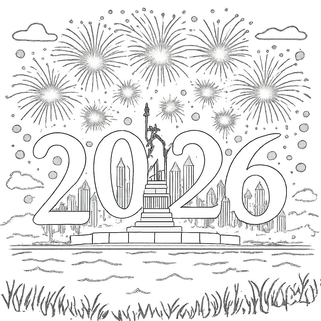 Gelukkig nieuwjaar kleurplaat - zwart-wit lijntekening