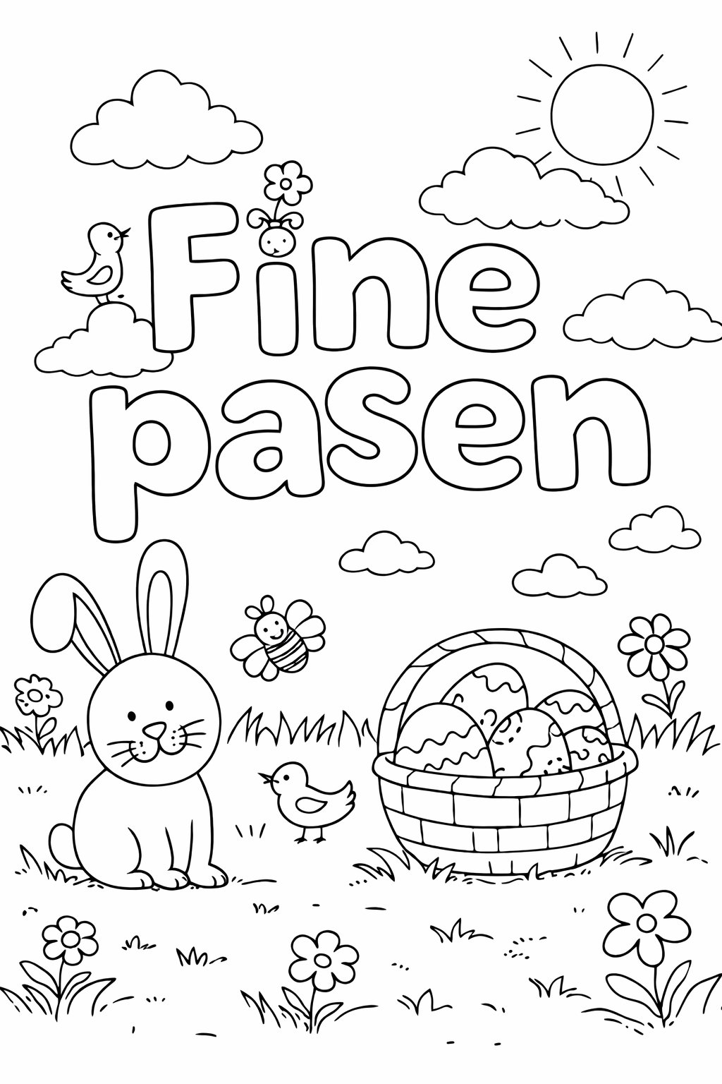 Fijne pasen kleurplaat - zwart-wit lijntekening