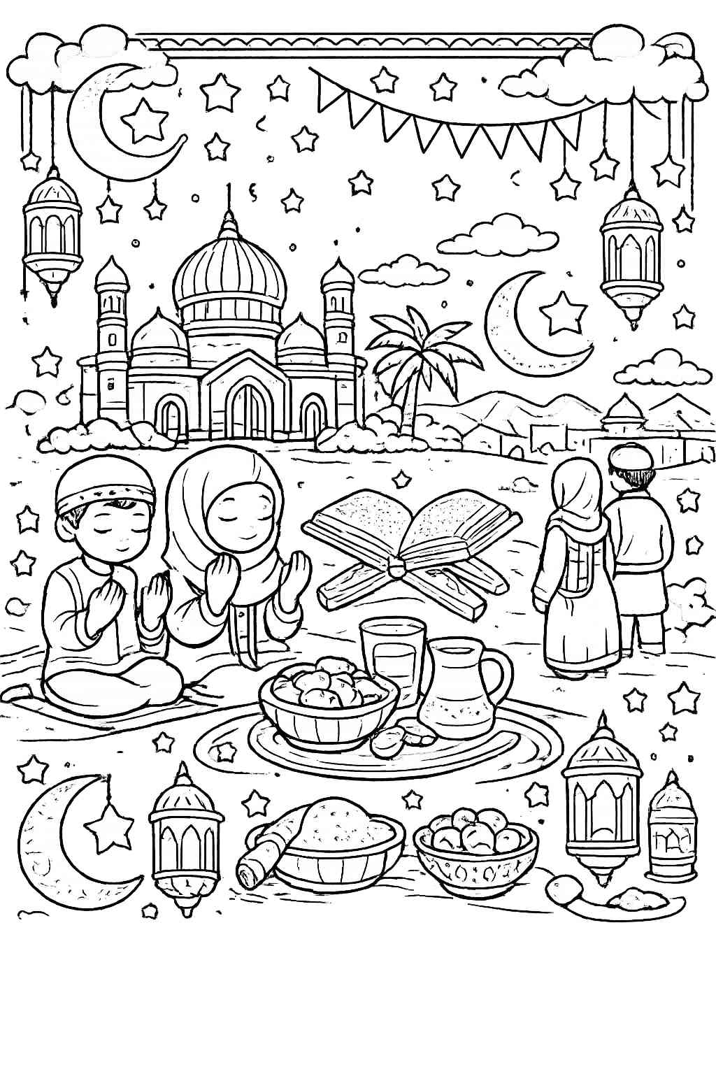 ramadan kleurplaat - zwart-wit lijntekening
