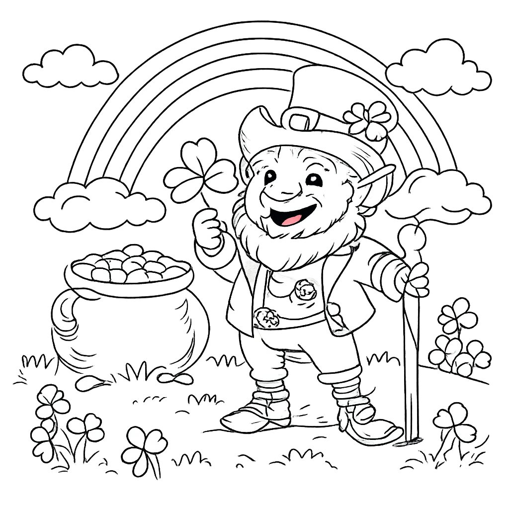 leprechaun kleurplaat - zwart-wit lijntekening