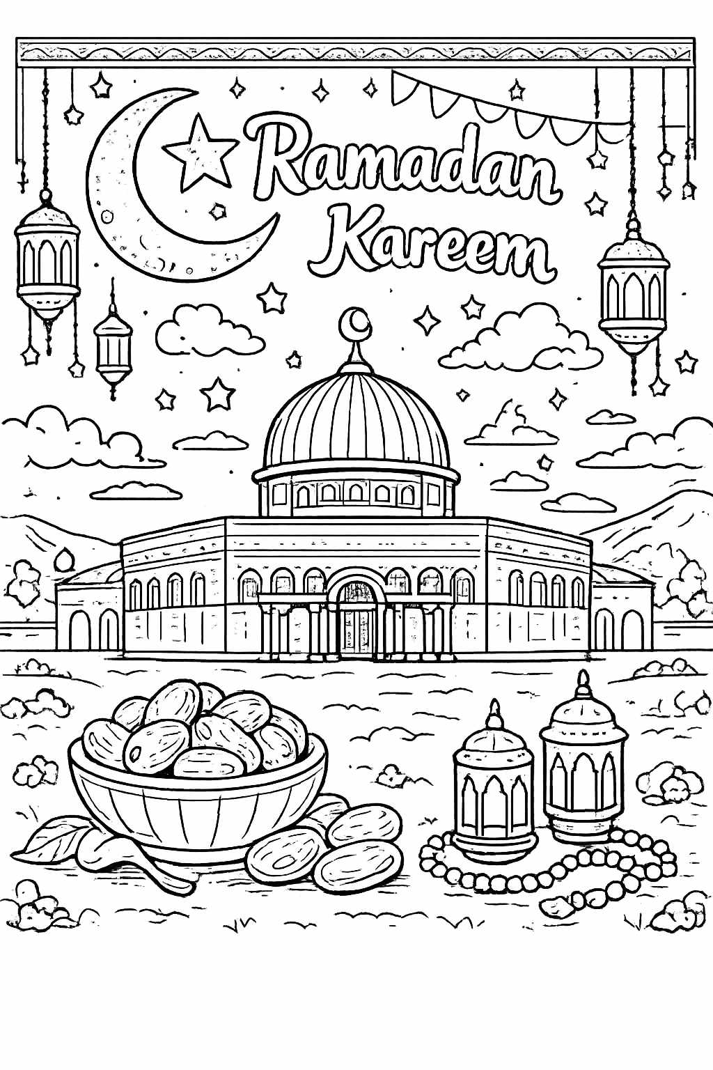 Ramadan kleurplaat - zwart-wit lijntekening