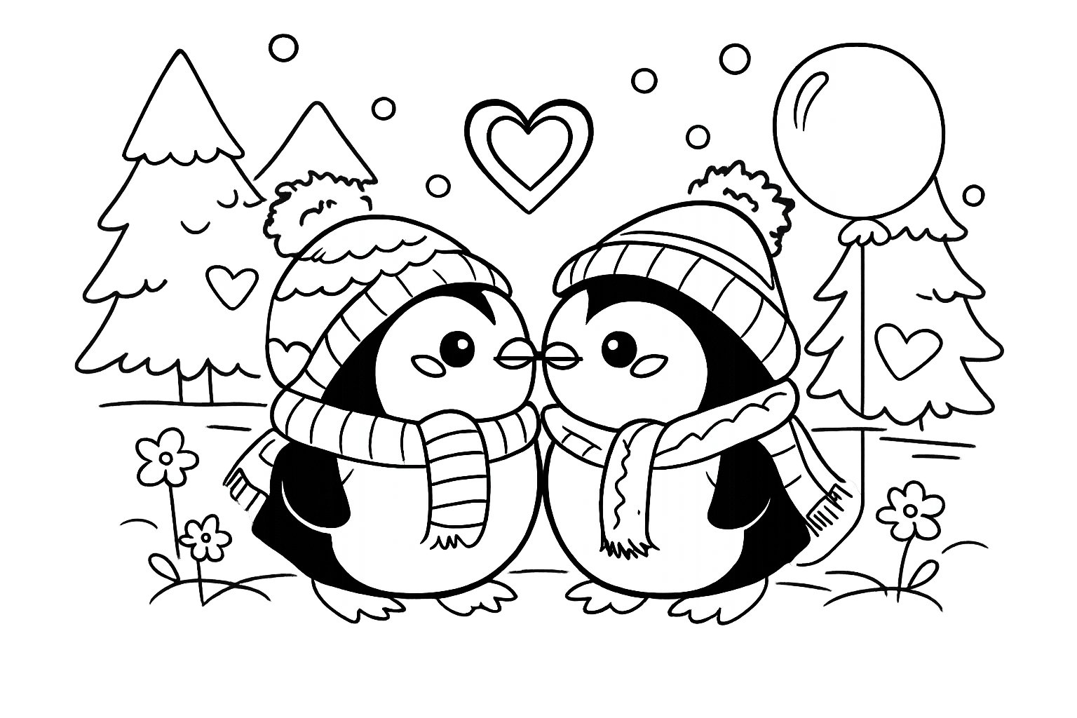 pinguin liefde koppel kleurplaat - zwart-wit lijntekening