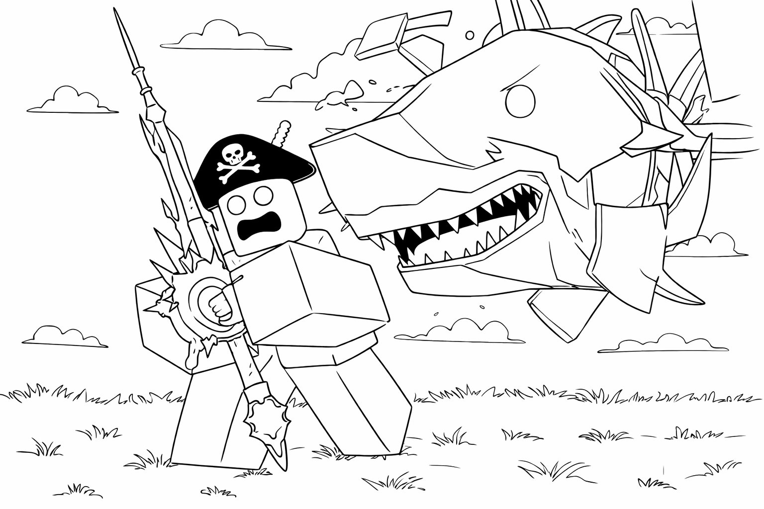 Fisch Roblox kleurplaat - zwart-wit lijntekening