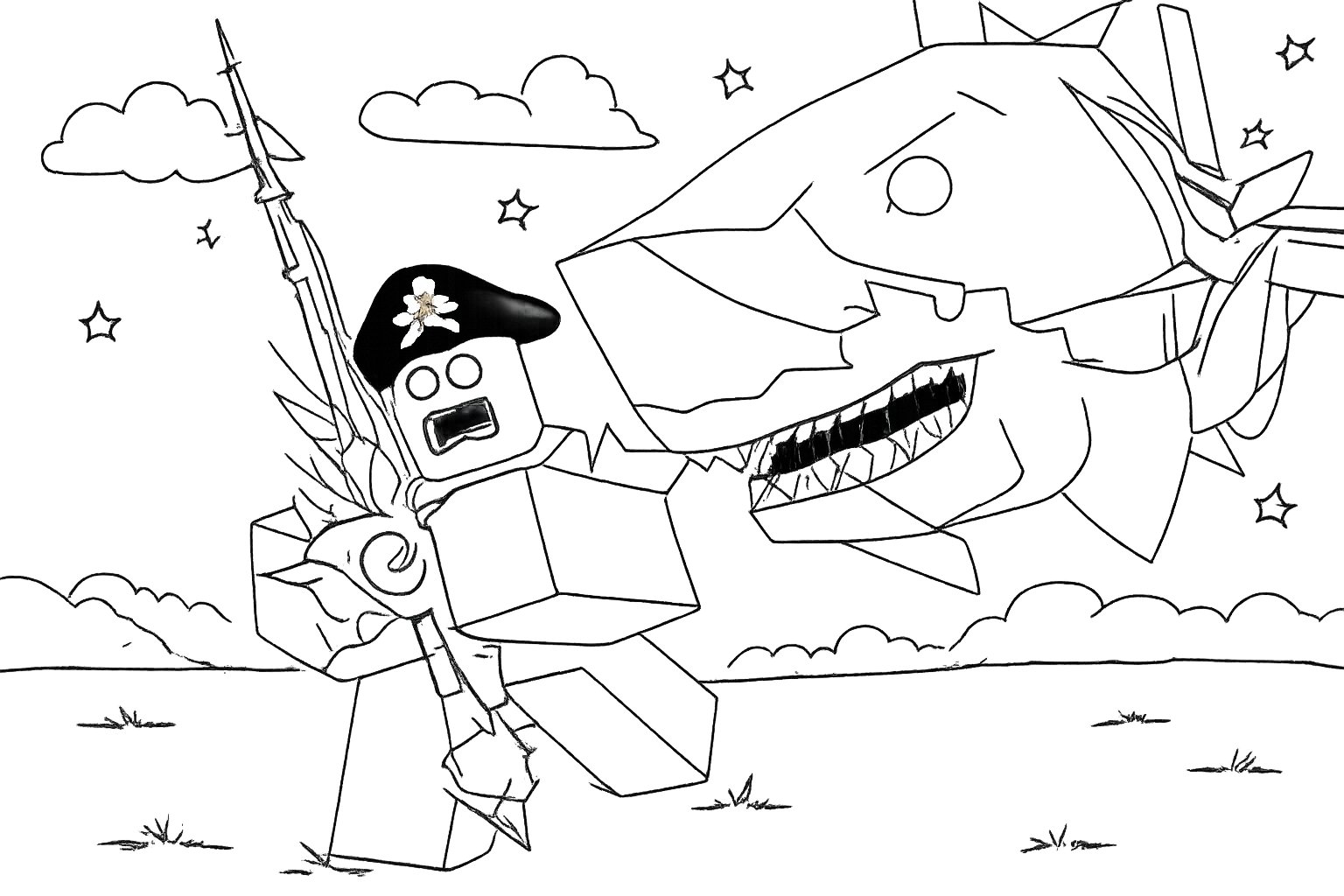 Fisch Roblox kleurplaat - zwart-wit lijntekening