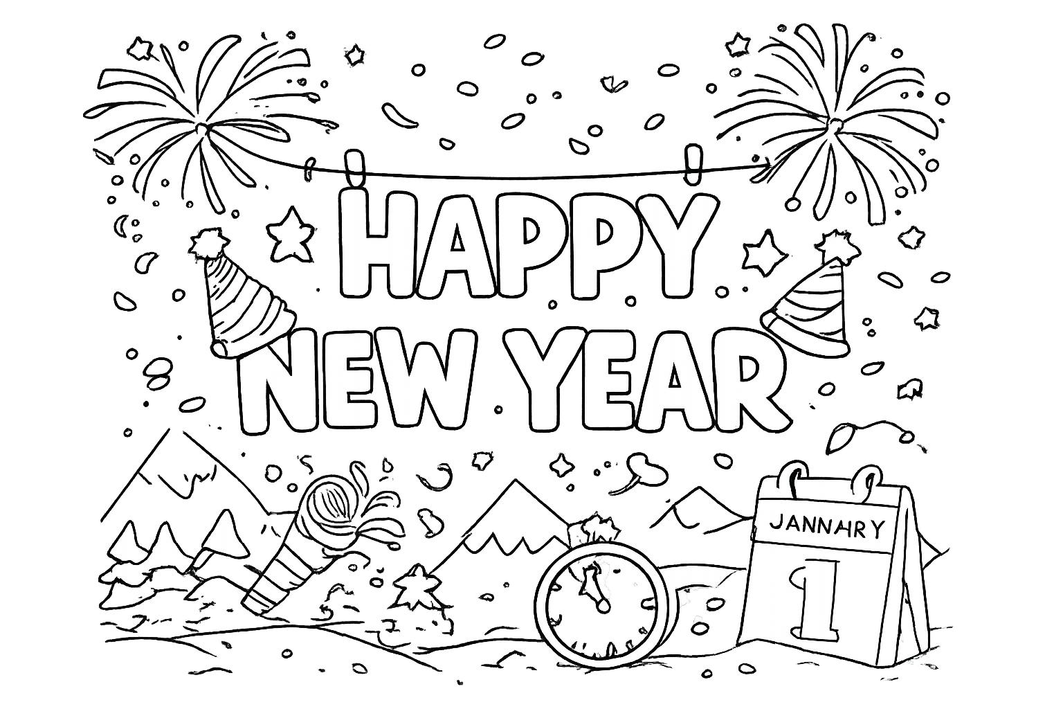 Happy New year kleurplaat - zwart-wit lijntekening