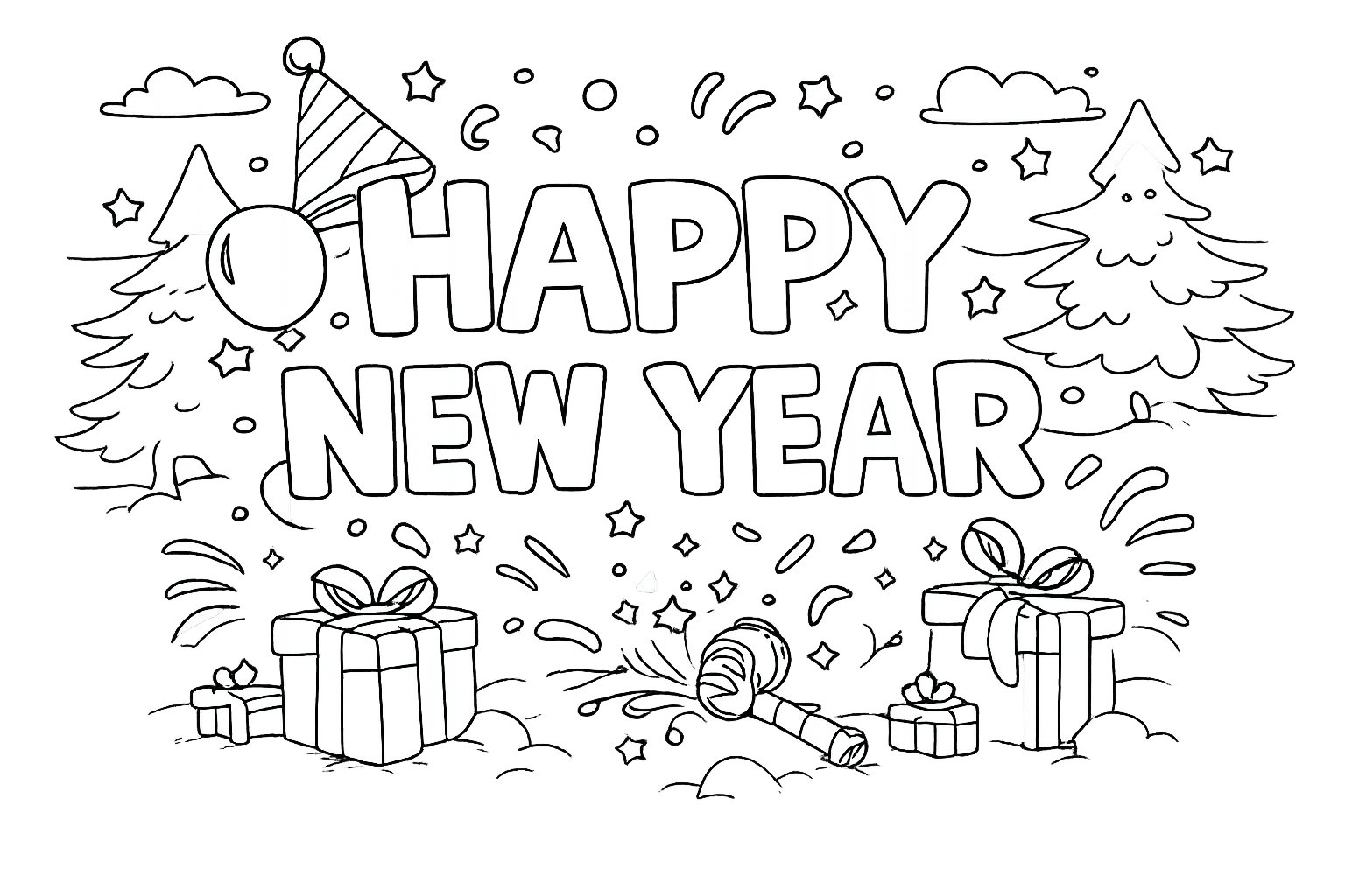 Happy New year kleurplaat - zwart-wit lijntekening