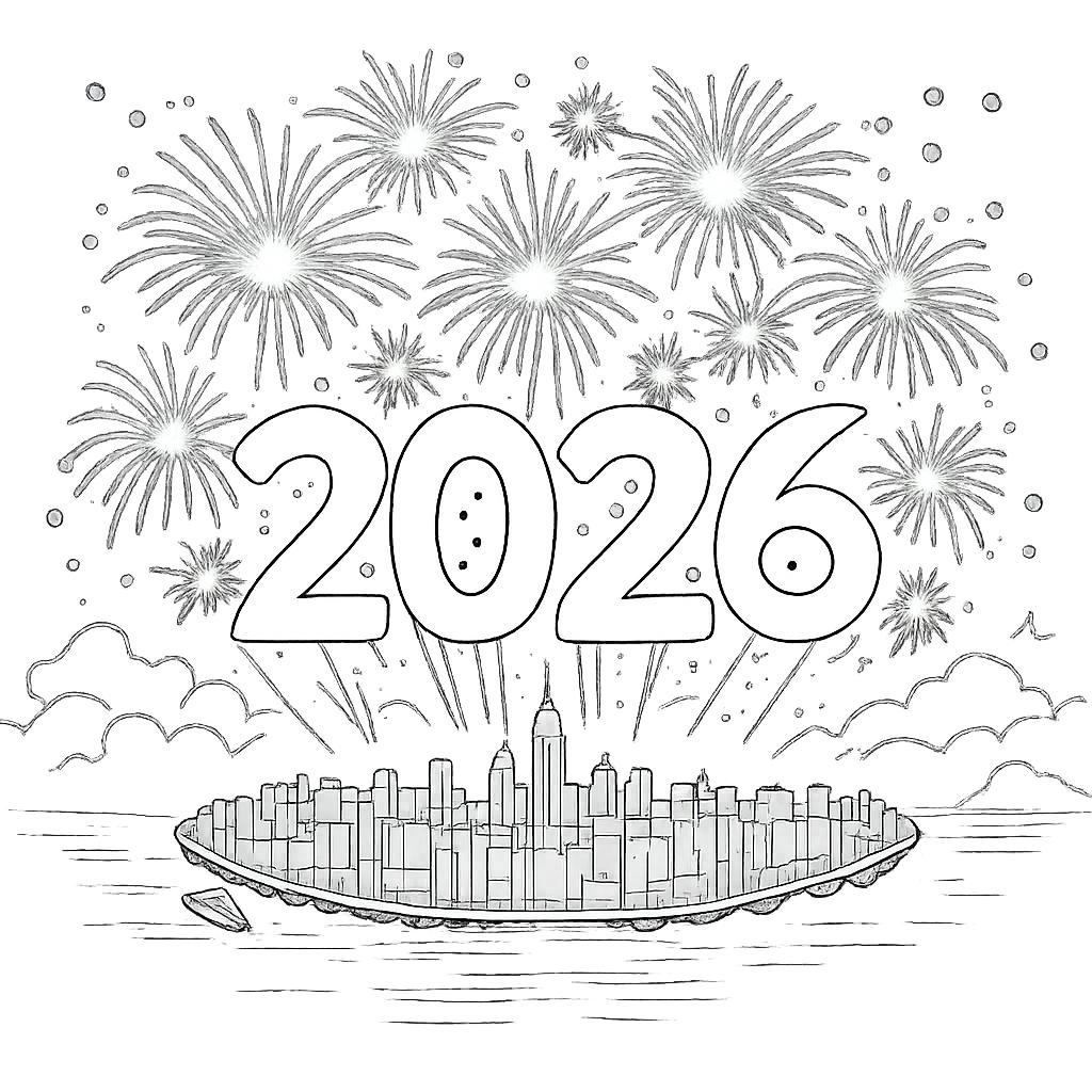 Coloriage 2026 vuurwerk dessin au trait