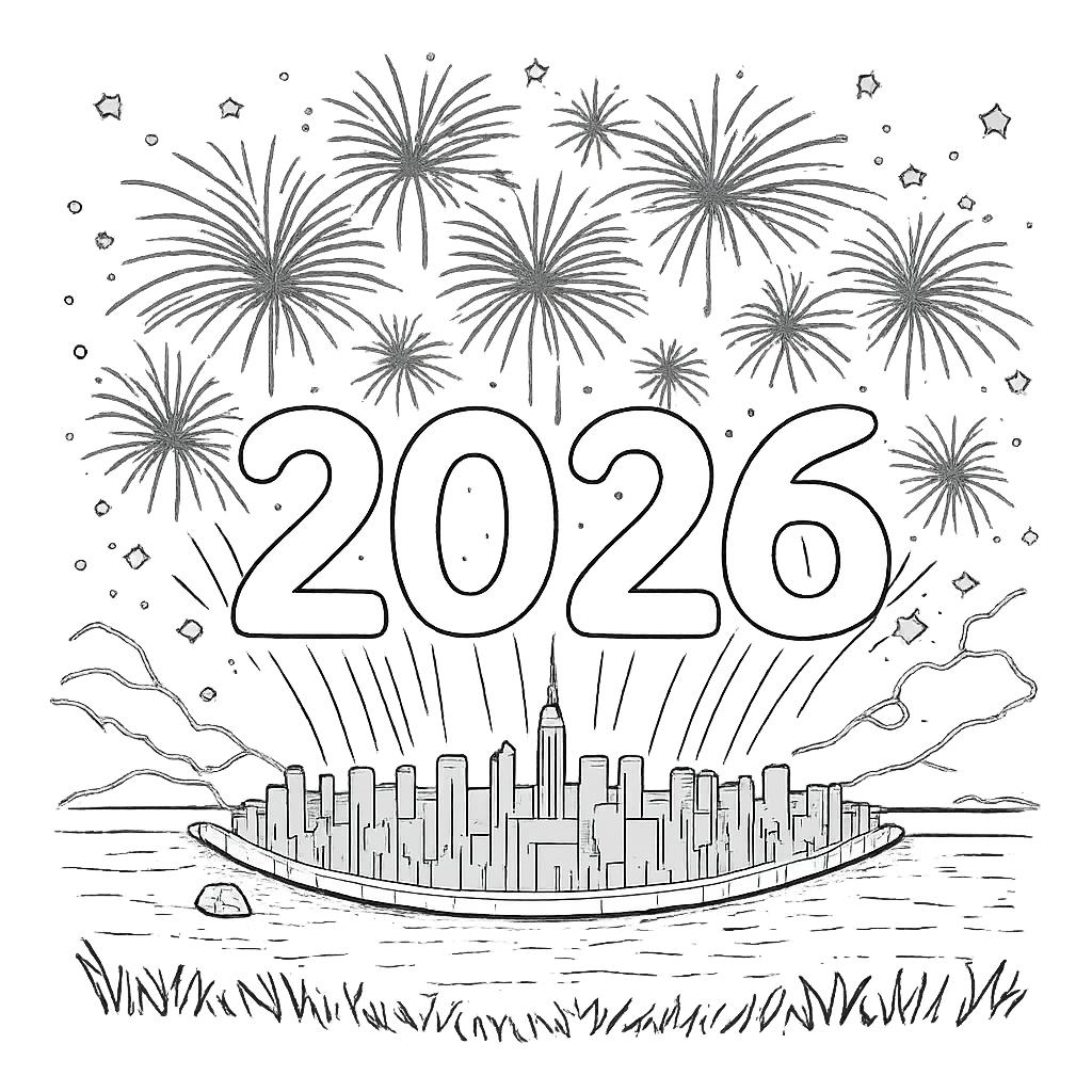 2026 vuurwerk kleurplaat - zwart-wit lijntekening