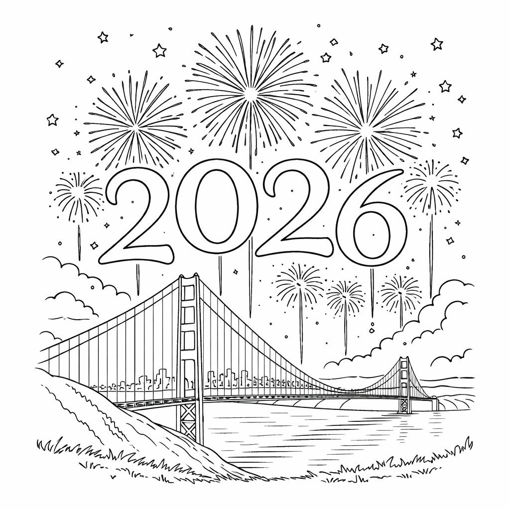 oud en nieuw 2026 kleurplaat - zwart-wit lijntekening