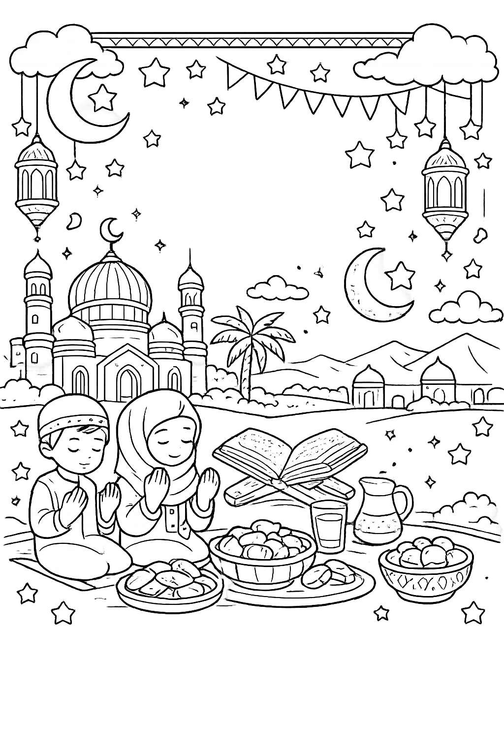 ramadan kleurplaat - zwart-wit lijntekening