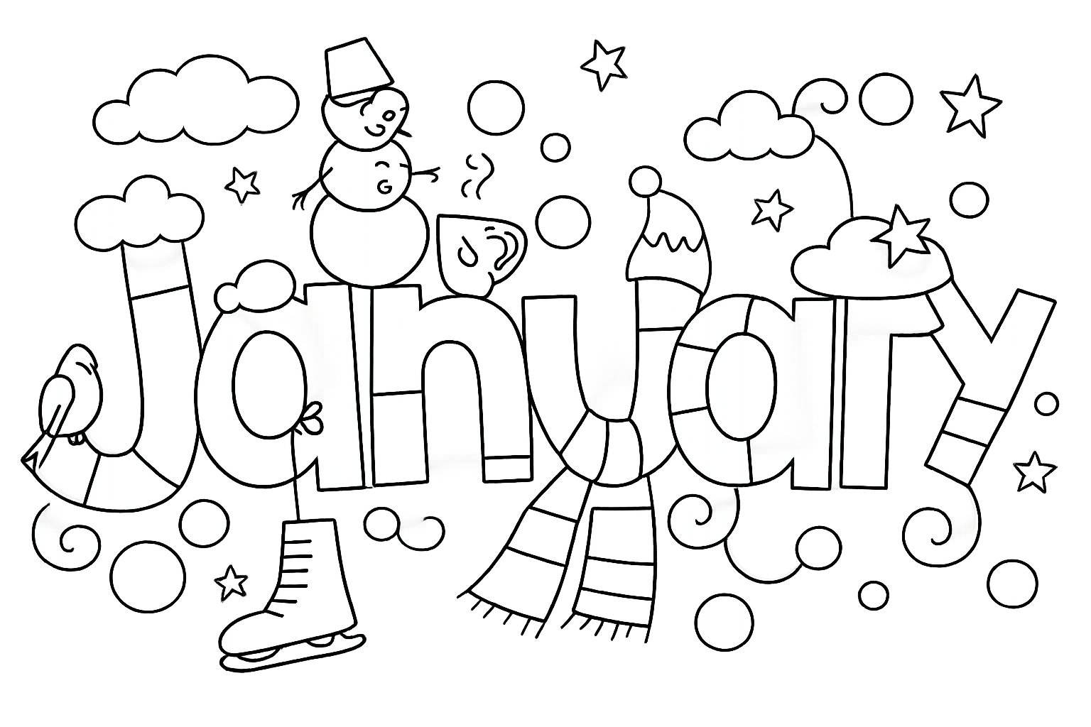 Januari kleurplaat - zwart-wit lijntekening