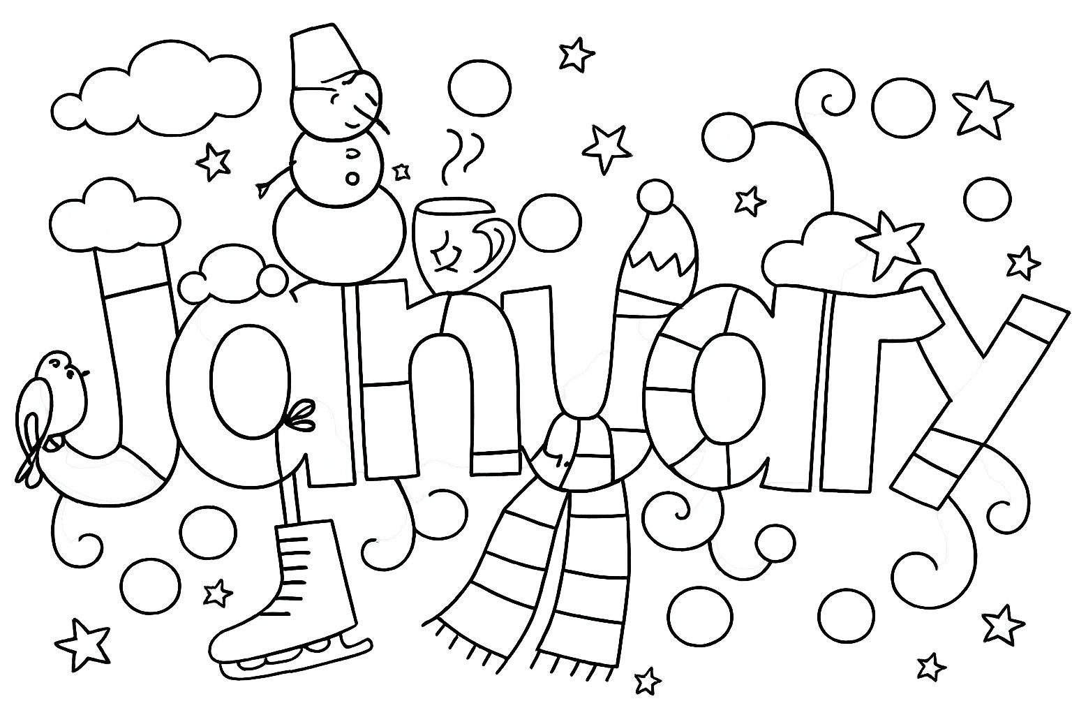 Januari kleurplaat - zwart-wit lijntekening