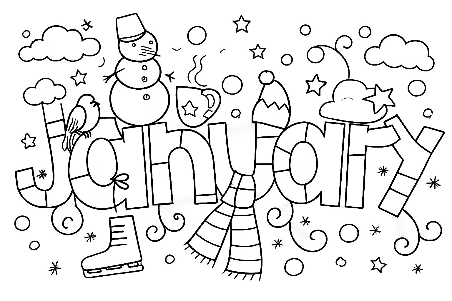 Januari kleurplaat - zwart-wit lijntekening