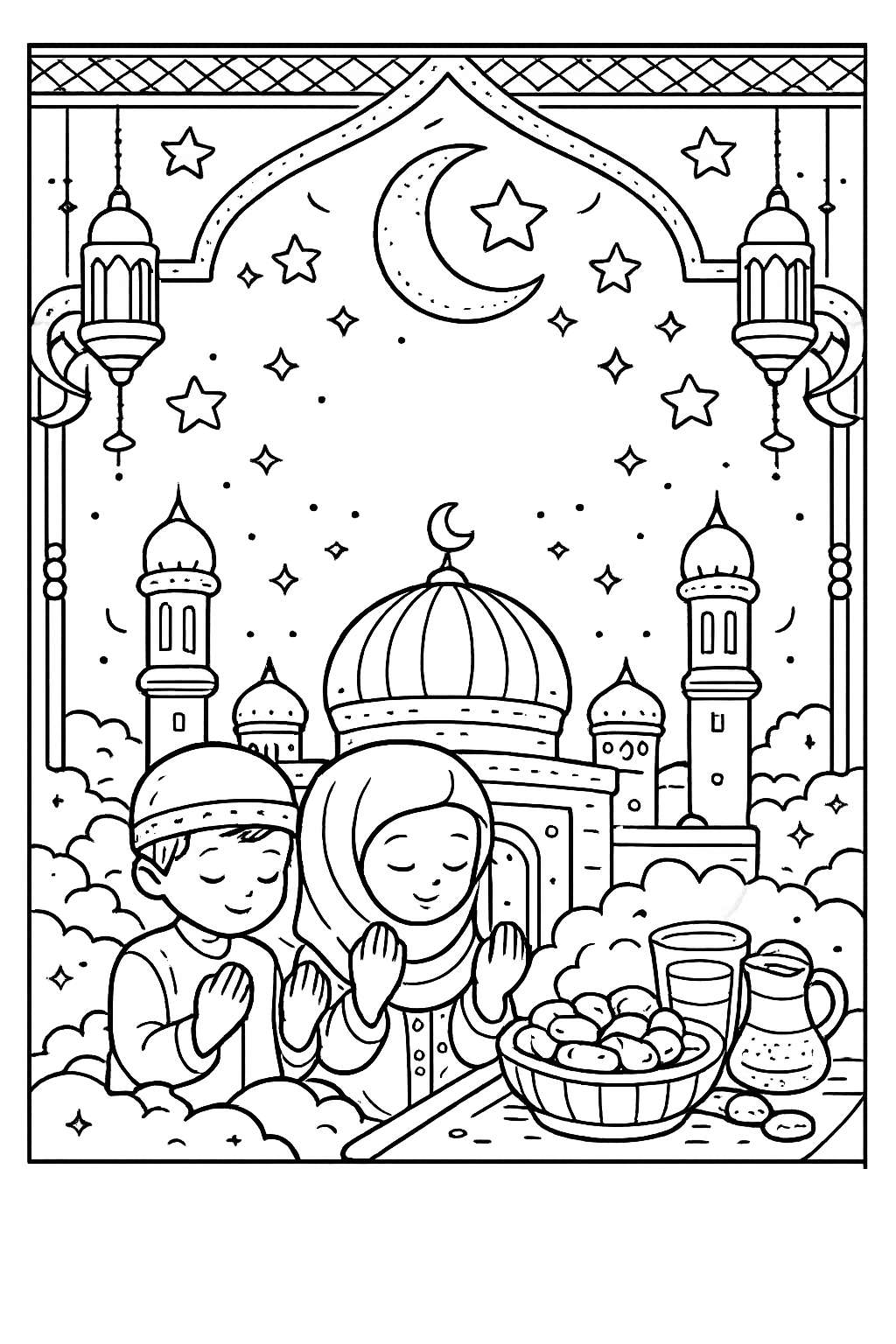 Ramadan kleurplaat - zwart-wit lijntekening