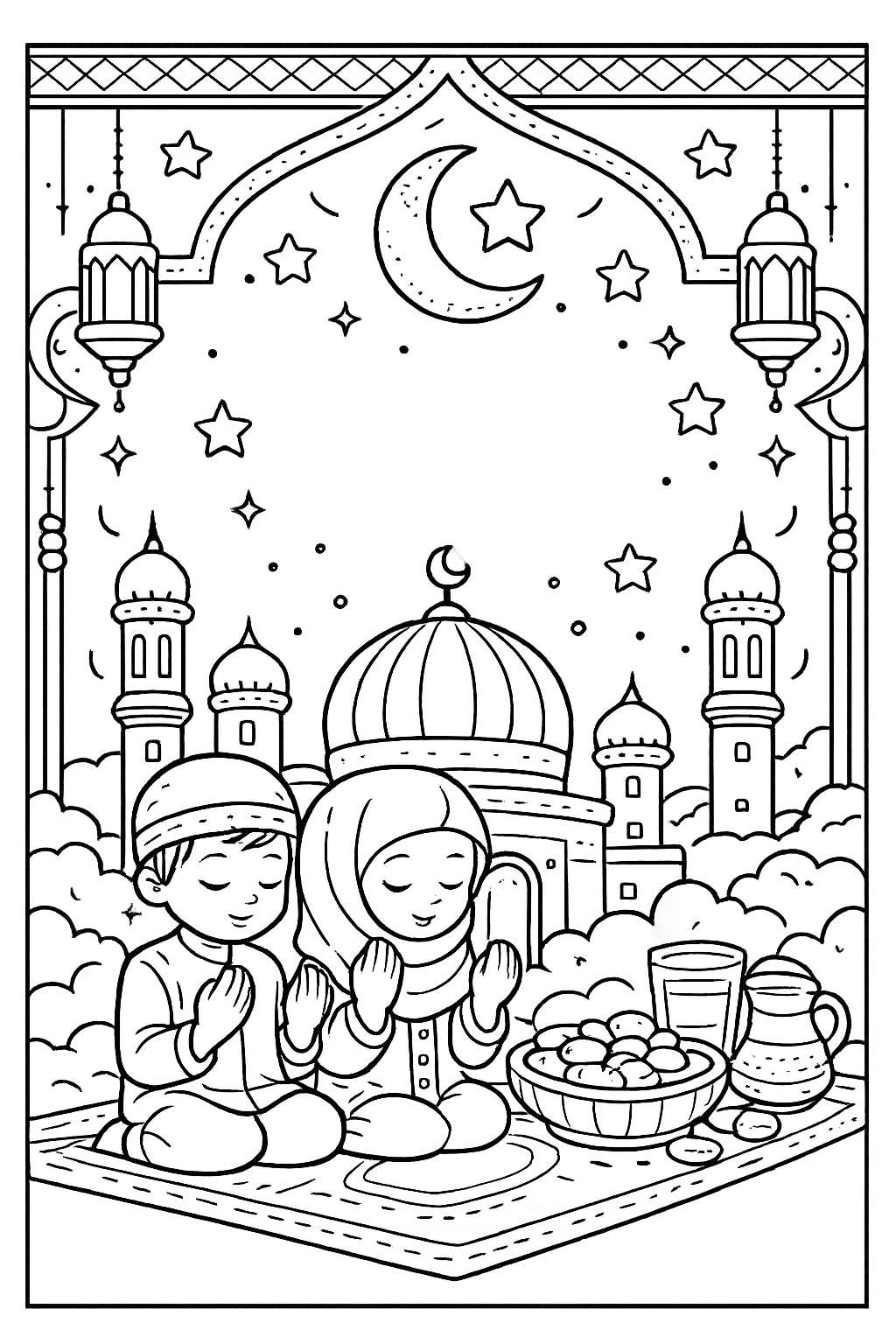 Ramadan kleurplaat - zwart-wit lijntekening