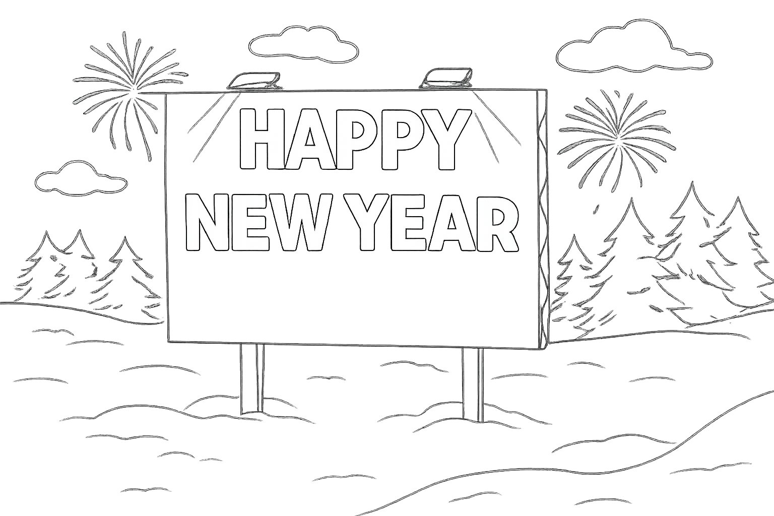 Happy New year kleurplaat - zwart-wit lijntekening