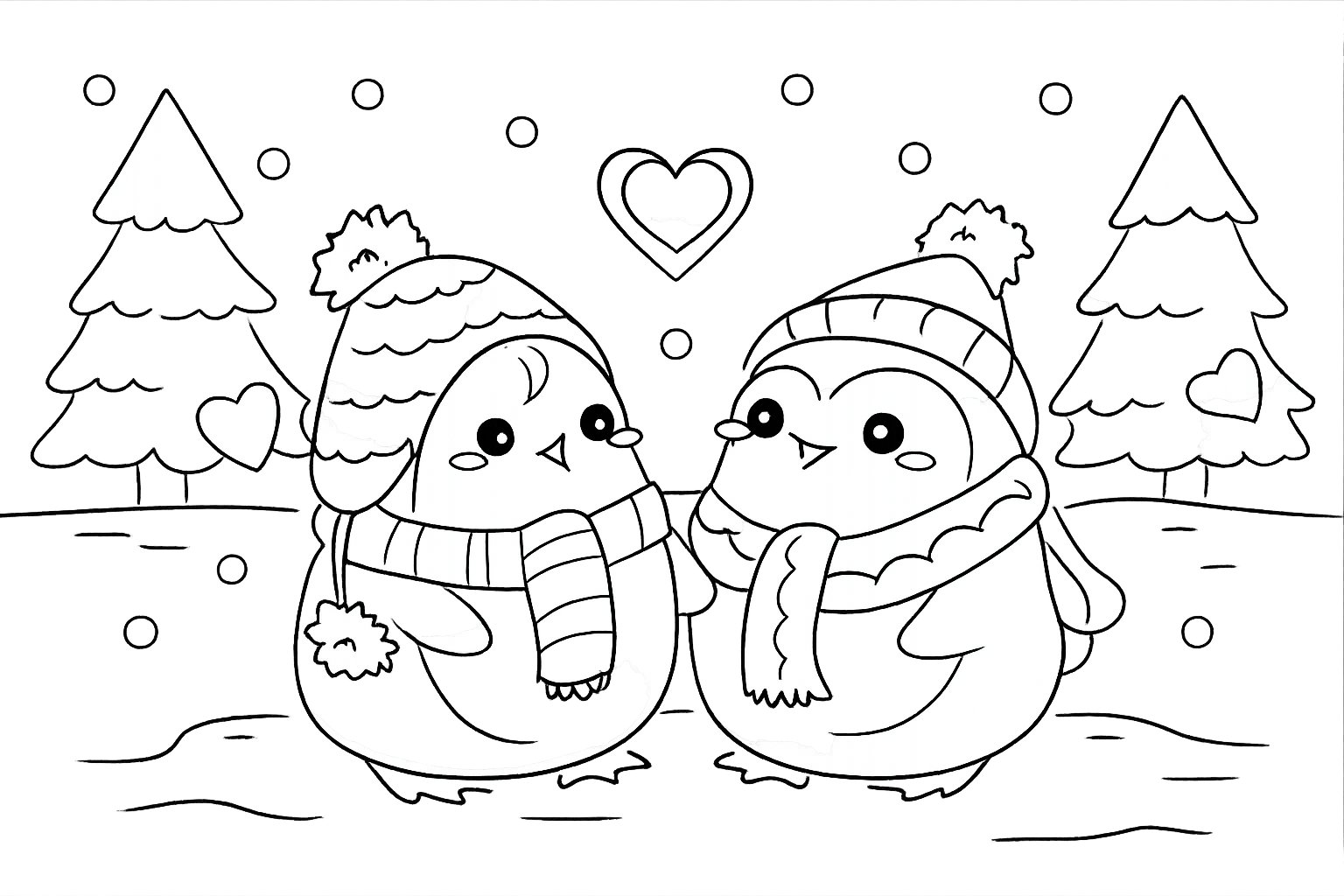 pinguin liefde koppel kleurplaat - zwart-wit lijntekening