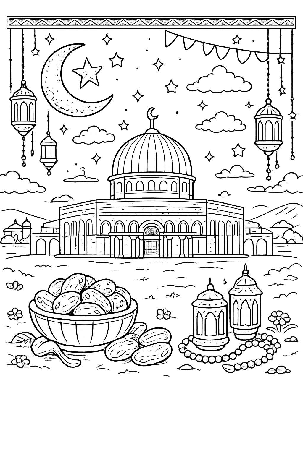 Ramadan kleurplaat - zwart-wit lijntekening