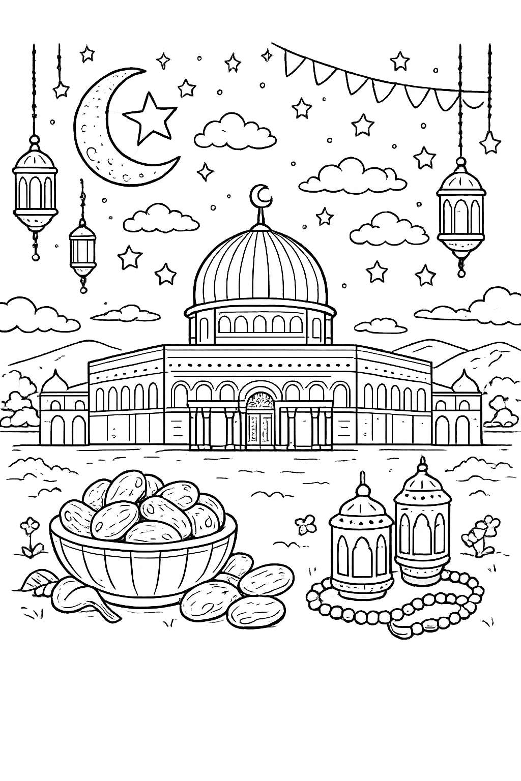 Ramadan kleurplaat - zwart-wit lijntekening
