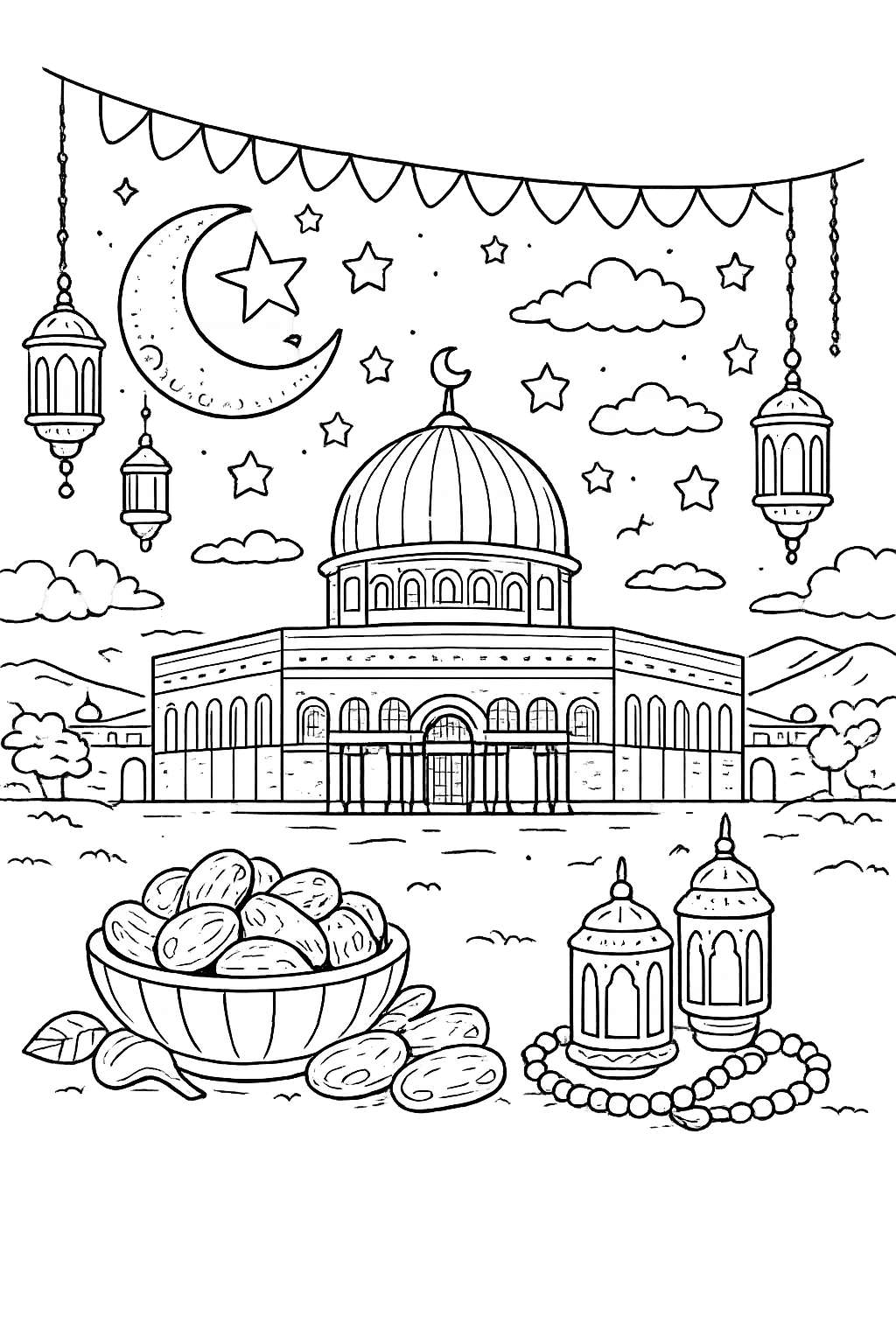 Ramadan kleurplaat - zwart-wit lijntekening