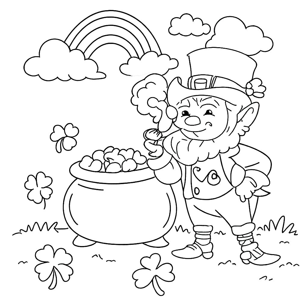 leprechaun kleurplaat - zwart-wit lijntekening