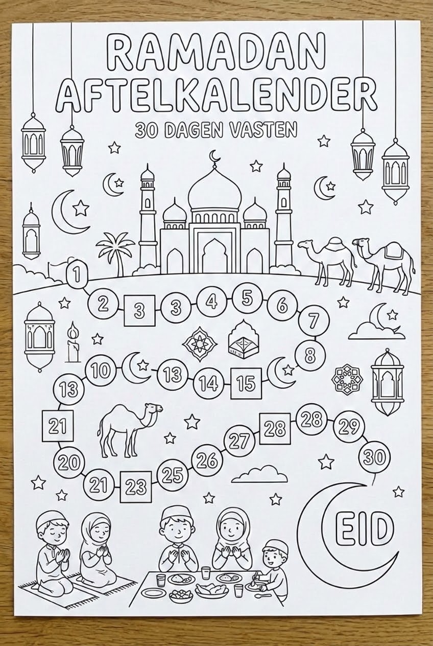 Ramadan Kalander kleurplaat - zwart-wit lijntekening