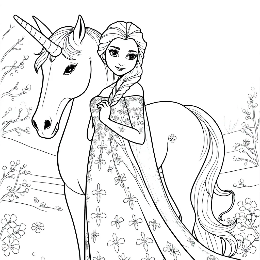 1 Princess Elsa Met 1 Unicorn Paard coloring page for children