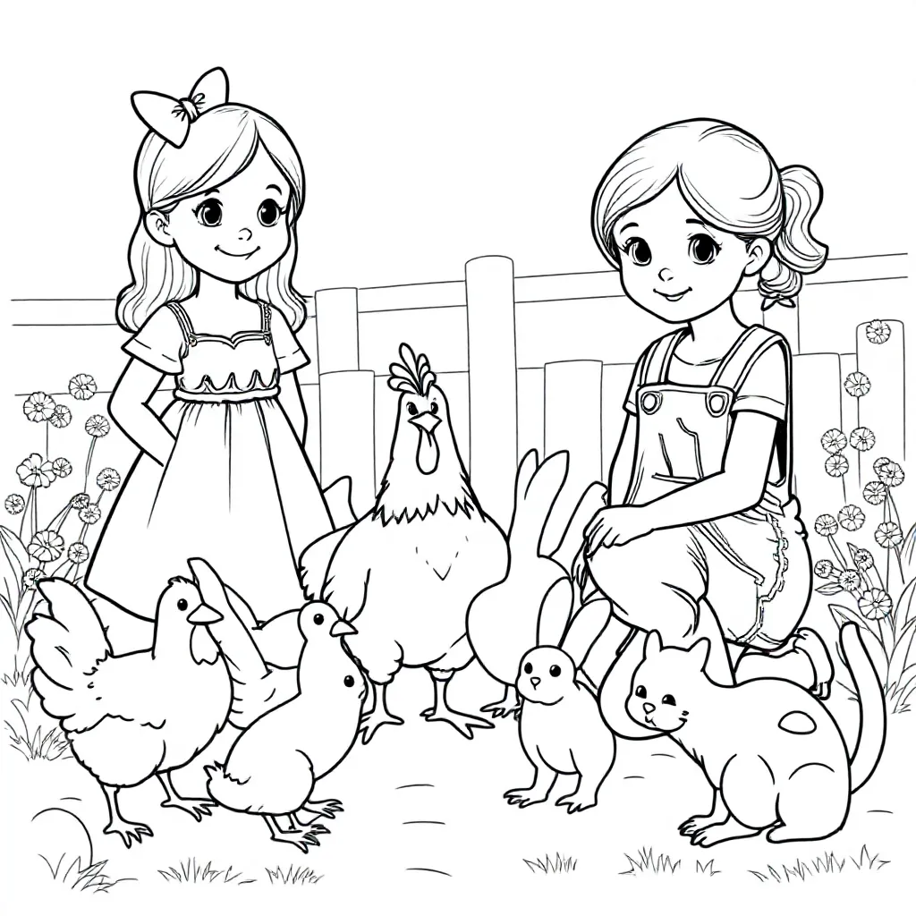 Two Girls with 3 Chickens, 2 Rabbits, and a Cat