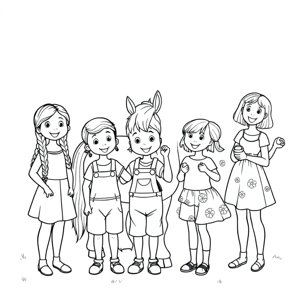 5 Meisjes En 2 Jongens Met 1 Shetlander coloring page for children