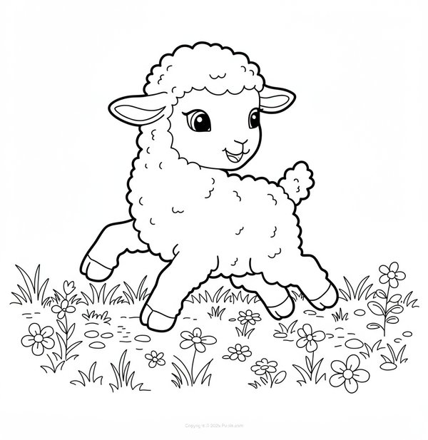 A Cute Little Lamb Jumping Around coloring page for children