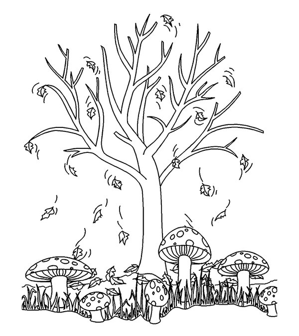 Arbre D Automne Aux Champignons coloring page for children