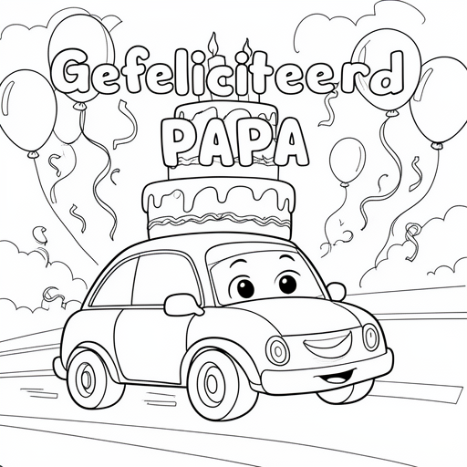 auto verjaardags taart 43 balonnen slingers kleurplaat voor kinderen