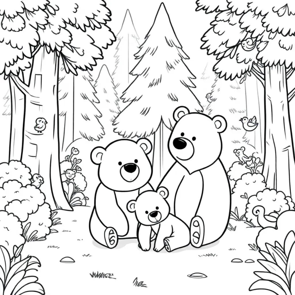 Coloring Page: Baby Bear with Papa Bear in the Forest