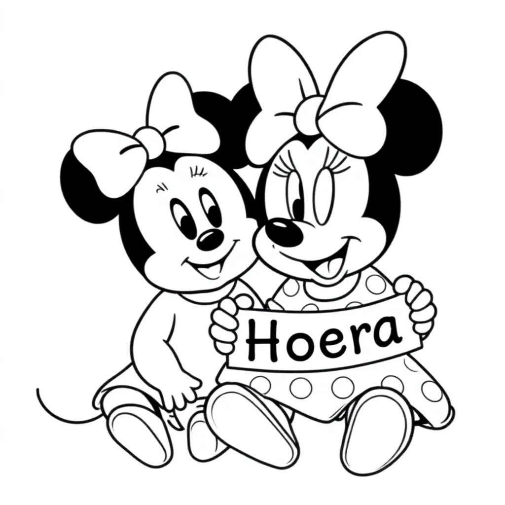 Baby, minnie mouse, hoera kleurplaat voor kinderen
