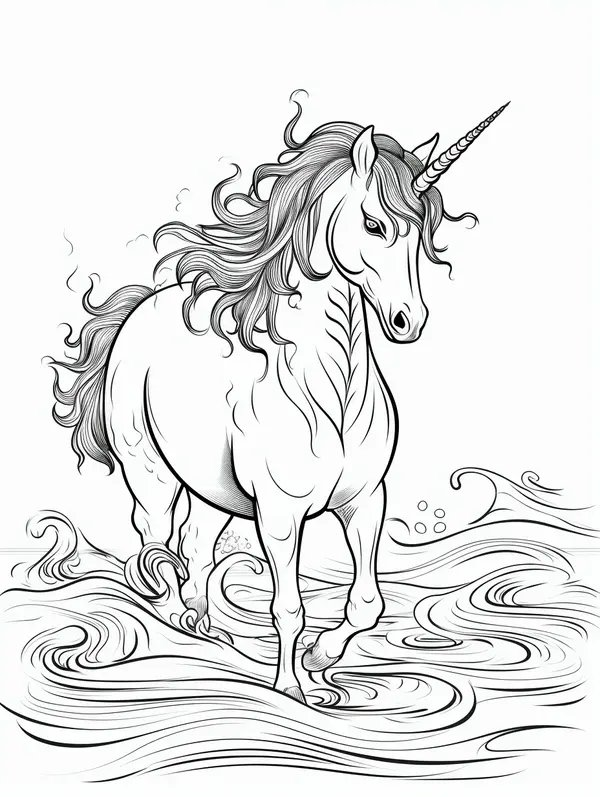 Beautiful Unicorn Standing In The Water coloring page for children