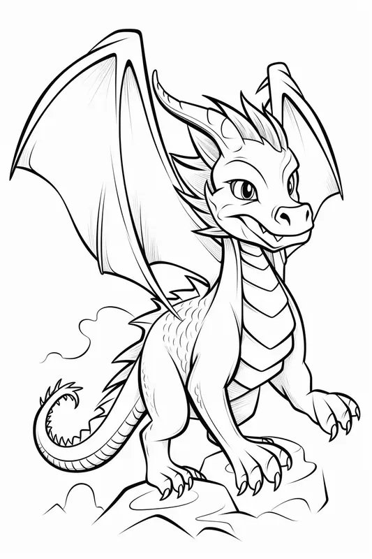 Big Dragon Standing On Rocks coloring page for children