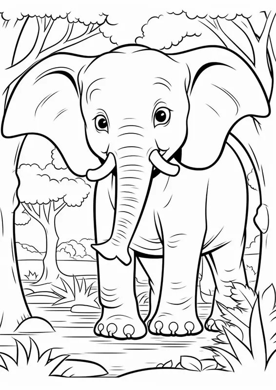 Big Elephant Between Trees coloring page for children
