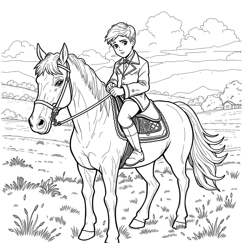 Blonde Jongen Op Een Paard Met Paardrijlaarzen coloring page for children