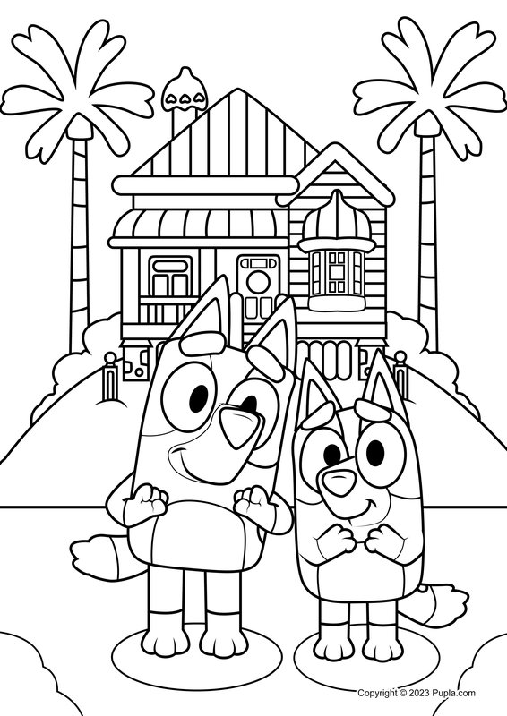 Bluey à l'avant de la maison coloring page for children