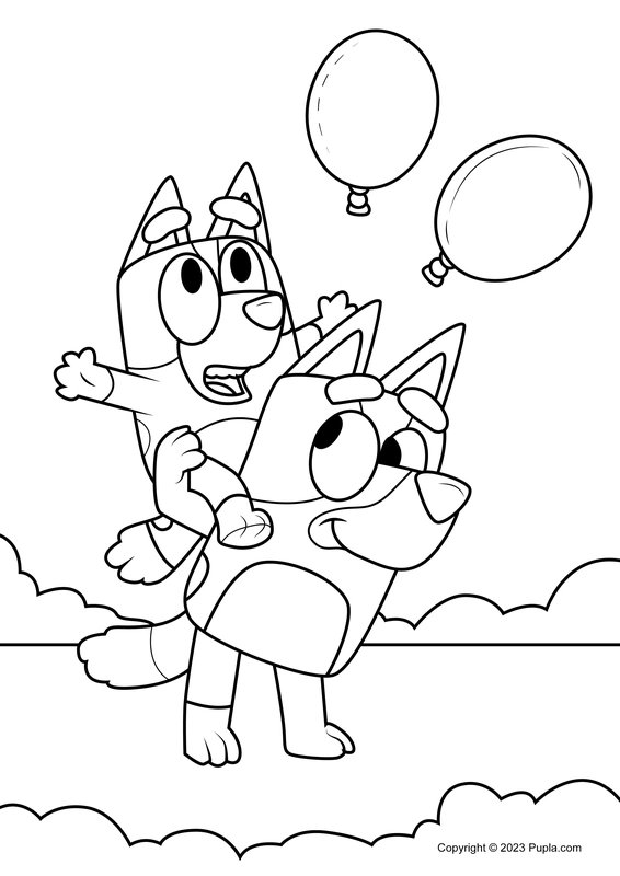Bluey and Bingo Playing with Balloons coloring page for children