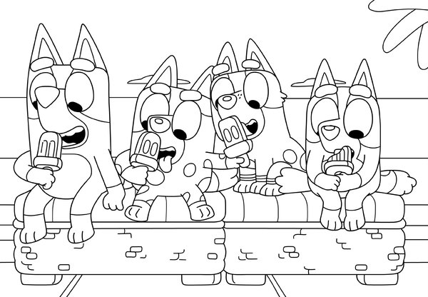 Bluey, Bingo, Muffin und Socks essen Eiscreme coloring page for children