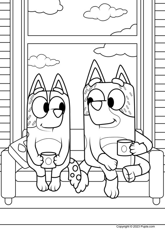 Feuille de coloriage Bluey Maman et Papa prennent un café