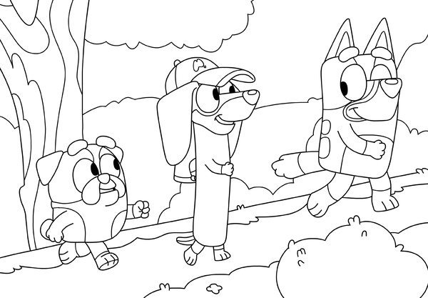 Bluey, Snickers und Winton coloring page for children