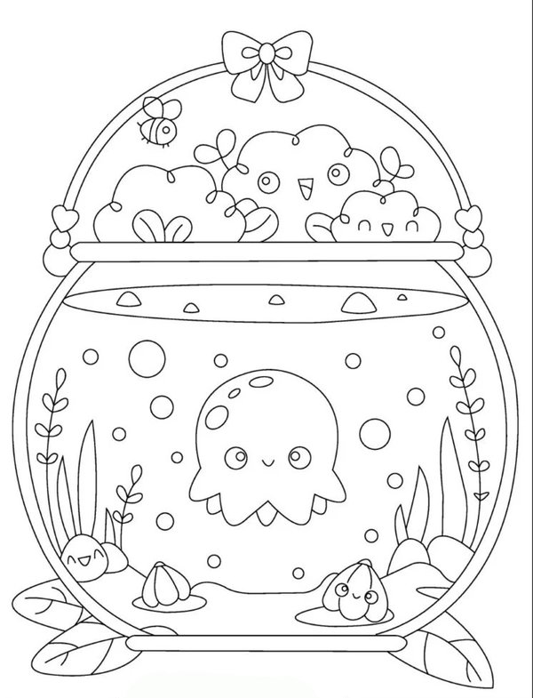 Bocal A Poisson Kawaii coloring page for children