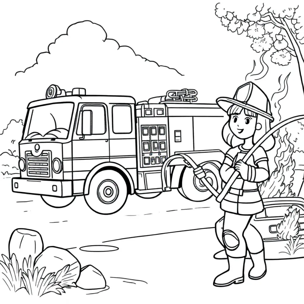 Brandweerauto Met Brandweervrouw Brandende Auto Slapende ... coloring page for children