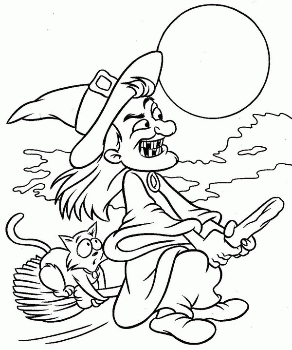Bruja De Halloween En La Escoba coloring page for children