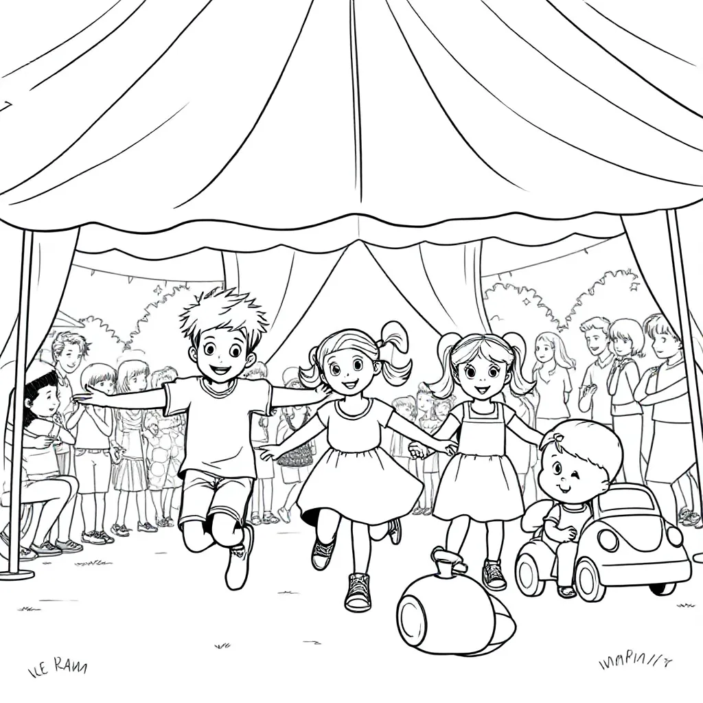 Buurtfeest In Een Party Tent Met Spelende Kinderen En Vol... coloring page for children