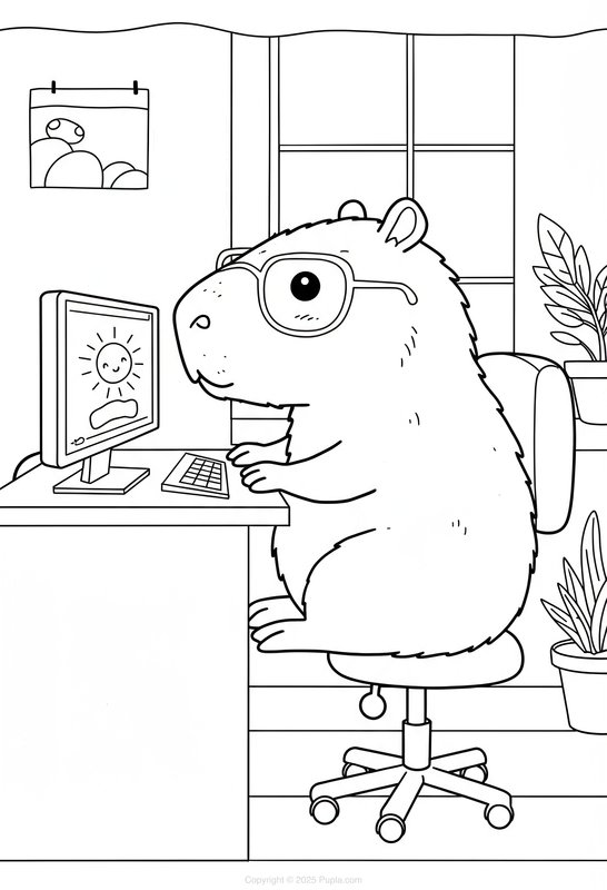 Capybara Working on a Computer coloring page for children