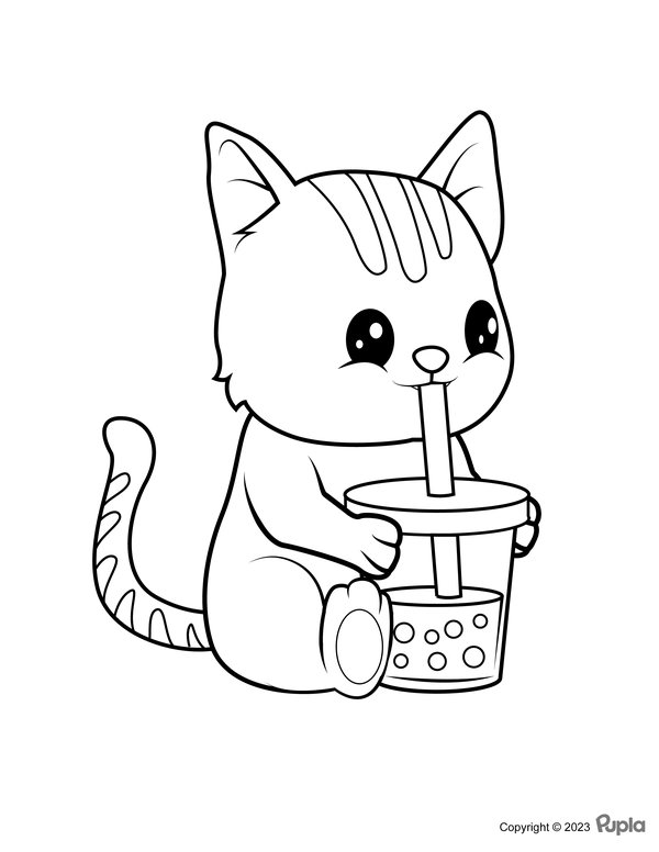 Cat Drinking Boba Tea coloring page for children