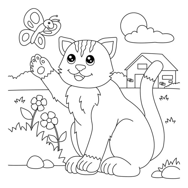 Chat Avec Papillon Et Maison coloring page for children